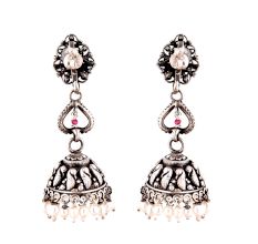 Wired Floral 92.5 Sterling silver Earrings With Pink Jade Motifs And Pearl Tassels Jhumkis