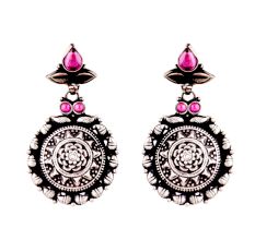 Black Round Star 92.5 Sterling Silver Earrings Embossed Pink Jade Studded Danglers