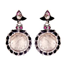 Black Round Star 92.5 Sterling Silver Earrings Embossed Pink Jade Studded Danglers