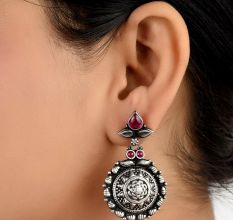 Black Round Star 92.5 Sterling Silver Earrings Embossed Pink Jade Studded Danglers