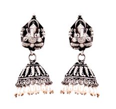 Ganesha 92.5 Sterling silver Earrings With engraved Pattern And Pearl Beads Hangings