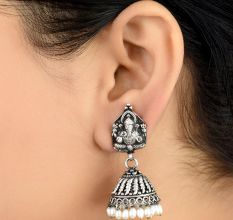 Ganesha 92.5 Sterling silver Earrings With engraved Pattern And Pearl Beads Hangings