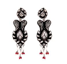 Black 92.5 Sterling Silver Earrings Floral Pattern Conch Motif Border Red Coral Beads Hangings