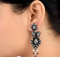 Black 92.5 Sterling Silver Earrings Floral Pattern Conch Motif Border Red Coral Beads Hangings