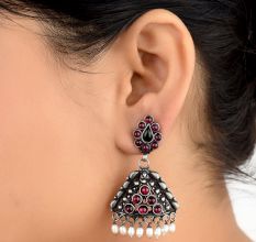 Round Pink Jade Stoned 92.5 Sterling Silver Earrings Pyramid Shaped Pearl Tassel jhumis For Women