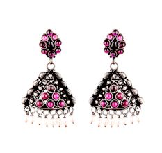 Round Pink Jade Stoned 92.5 Sterling Silver Earrings Pyramid Shaped Pearl Tassel jhumis For Women