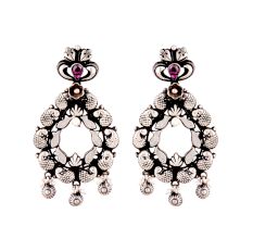 92.5 Sterling Silver Earrings Fish Motifs Wreath Pattern Amethyst Stone