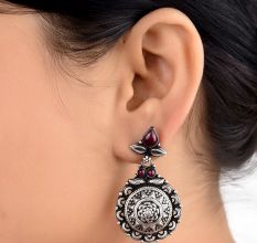 Oxidized 92.5 Sterling Silver Earrings Starry floral Pattern Studded pink jade Danglers