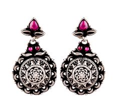 Oxidized 92.5 Sterling Silver Earrings Starry floral Pattern Studded pink jade Danglers