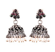 92.5 Sterling Silver Earrings Pink Jade and green Onyx Stone Studded Jhumkis with Pearl Hangings