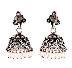 92.5 Sterling Silver Earrings Pink Jade and green Onyx Stone Studded Jhumkis with Pearl Hangings