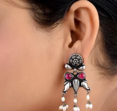 92.5 Sterling Silver Earrings With Engraved Floral Pattern Motifs Pink Jade Stone And Pearl Tassels