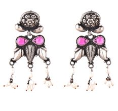 92.5 Sterling Silver Earrings With Engraved Floral Pattern Motifs Pink Jade Stone And Pearl Tassels