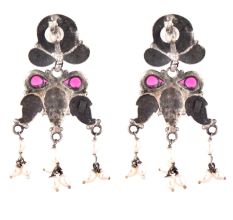92.5 Sterling Silver Earrings With Engraved Floral Pattern Motifs Pink Jade Stone And Pearl Tassels