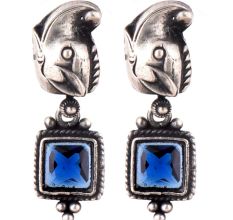 Contemporary 92.5 Sterling Silver Earrings Square Blue Topaz Stone In Rope Border