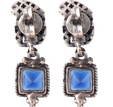 Contemporary 92.5 Sterling Silver Earrings Square Blue Topaz Stone In Rope Border