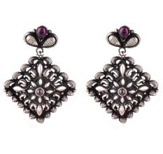 Geometric 92.5 Sterling Silver Earrings Embossed pattern Floral Centre And Border Danglers
