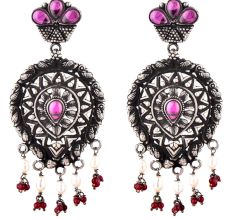 Big Teardrop 92.5 Sterling Silver Earrings Floral Triangular Pattern Studded With Amethyst Red Coral And Pearl