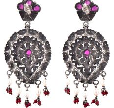 Big Teardrop 92.5 Sterling Silver Earrings Floral Triangular Pattern Studded With Amethyst Red Coral And Pearl