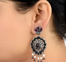 Big Teardrop 92.5 Sterling Silver Earrings Floral Triangular Pattern Studded With Amethyst Red Coral And Pearl