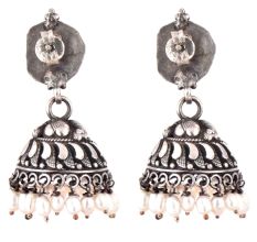 Curved Fish 92.5 Sterling Silver Earrings Embossed Design Pearl Hangings