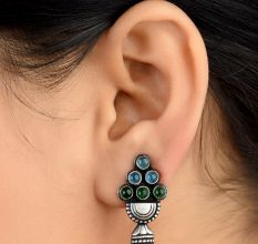 92.5 Sterling Silver Earrings With Blue Topaz And Green Onyx Stones Jhumkis
