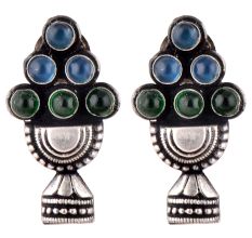 92.5 Sterling Silver Earrings With Blue Topaz And Green Onyx Stones Jhumkis
