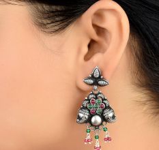 92.5 Sterling Silver Earrings Multicolored Stone Pink Jade Green Onyx Conch And Leafy Pattern Danglers