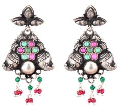 92.5 Sterling Silver Earrings Multicolored Stone Pink Jade Green Onyx Conch And Leafy Pattern Danglers