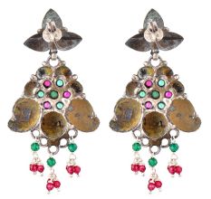 92.5 Sterling Silver Earrings Multicolored Stone Pink Jade Green Onyx Conch And Leafy Pattern Danglers