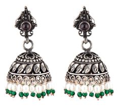 Black Oxidized 92.5 Sterling silver Earrings Tribal Carvings And Design With Pearl Green Onyx Beads Tassels