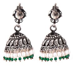 Black Oxidized 92.5 Sterling silver Earrings Tribal Carvings And Design With Pearl Green Onyx Beads Tassels