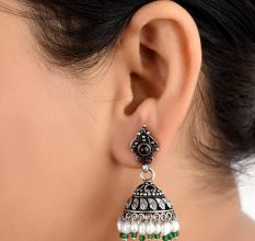 Black Oxidized 92.5 Sterling silver Earrings Tribal Carvings And Design With Pearl Green Onyx Beads Tassels