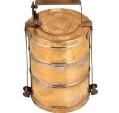 Brass Tiffin Box Three Broad Containers Brass Strap Frame