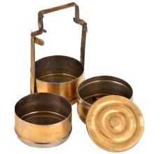 Brass Tiffin Box Three Broad Containers Brass Strap Frame