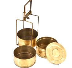 Brass Tiffin Box With Three Container In Golden Finish