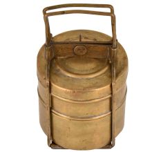 Brass Tiffin Box With Two Containers And Brass Strap Frame