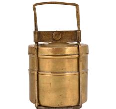 Brass Tiffin Box With Two Containers And Brass Strap Frame