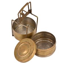 Brass Tiffin Box With Two Containers And Brass Strap Frame