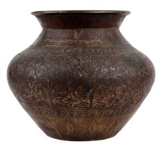 Old Brass Pot Engraved With Flowers And leaves Pattern
