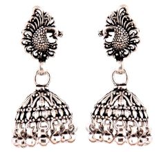 Peacock Stud 92.5 Sterling Silver Jhumkis Earring Silver Beads Hangings