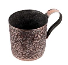 Copper Cup With Chiseled Floral Decoration And a wide Handle