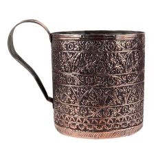Copper Cup With Chiseled Floral Decoration And a wide Handle