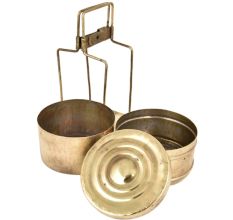 Brass Two Tier Tiffin Box Golden Color With Brass Strap Frame