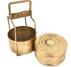 Brass Two Tier Tiffin Box Golden Color With Brass Strap Frame
