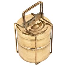 Golden Brass Tiffin Box With Two Container And Brass Strap Frame