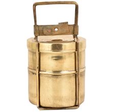 Golden Brass Tiffin Box With Two Container And Brass Strap Frame