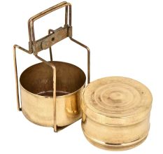 Golden Brass Tiffin Box With Two Container And Brass Strap Frame
