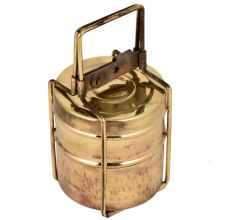 Old Brass Tiffin Box With Two Container And  traditional lock On Brass Strap Frame