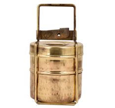 Old Brass Tiffin Box With Two Container And  traditional lock On Brass Strap Frame